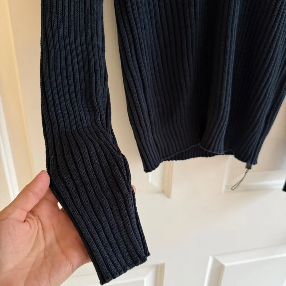 Zanone Mens Navy Blue Ribbed V Neck‎ Long Sleeve Cotton Sweater Size 50 Italy